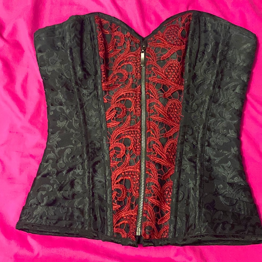 Beautiful black satin corset with red lace appliqué